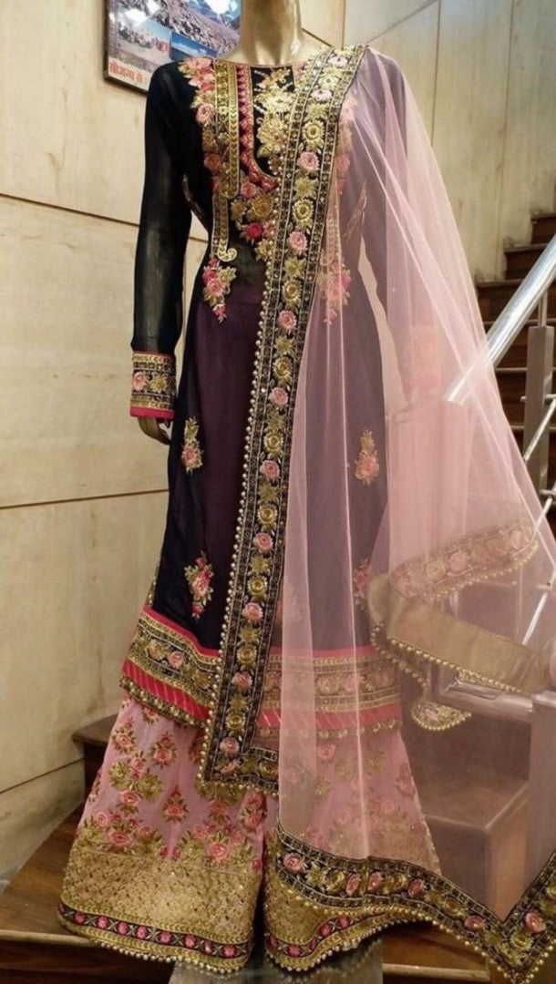 dark purple and pink embroidered plazzo suit