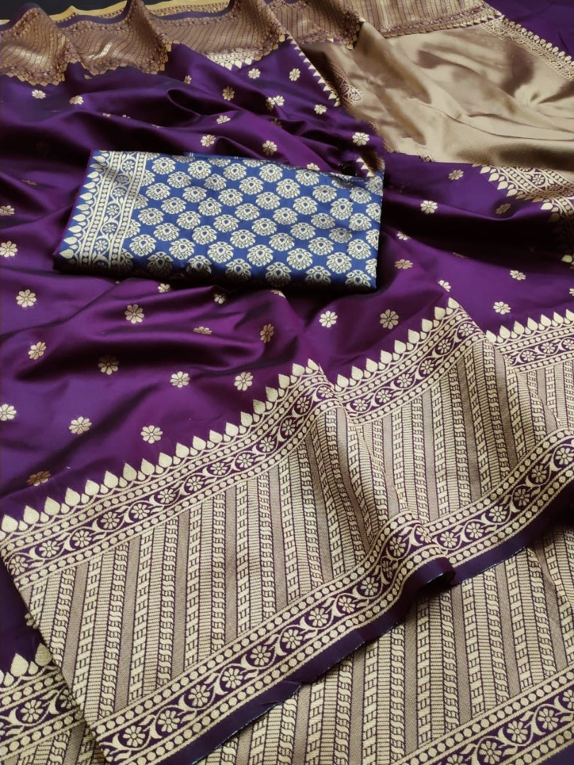 Dark purple soft lichi silk jacquard weaving work wedding saree