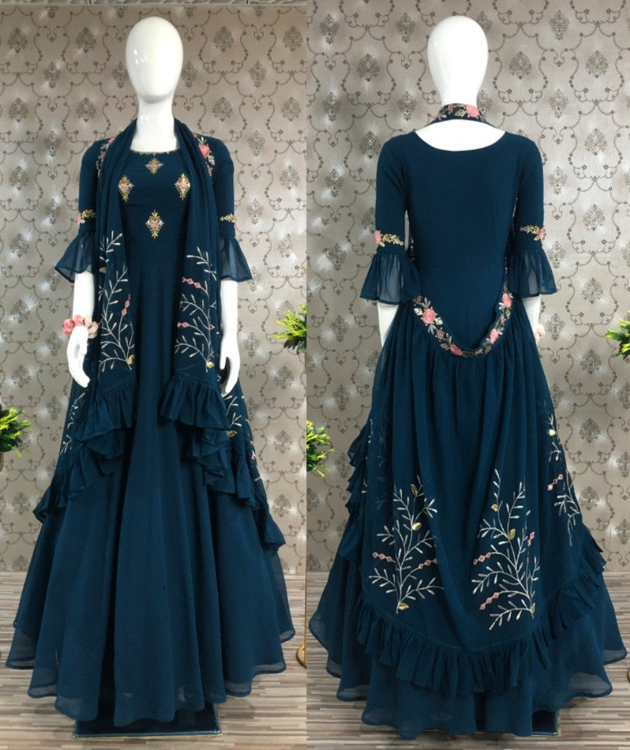 Dark rama blue georgette embroidered indowestern gown