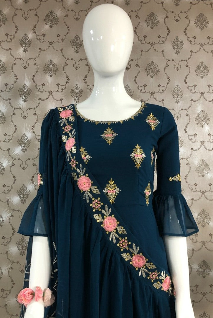 Dark rama blue georgette embroidered indowestern gown