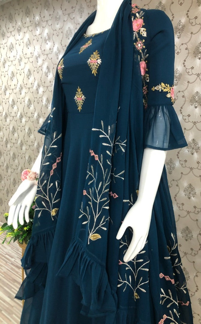Dark rama blue georgette embroidered indowestern gown