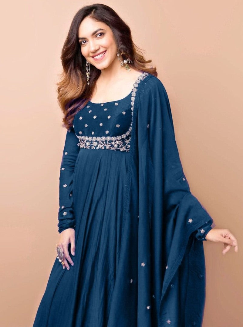 Dark rama georgette embroidered anarkali suit