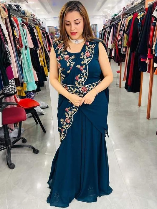 Dark rama georgette embroidered indowestern umbrella flair gown