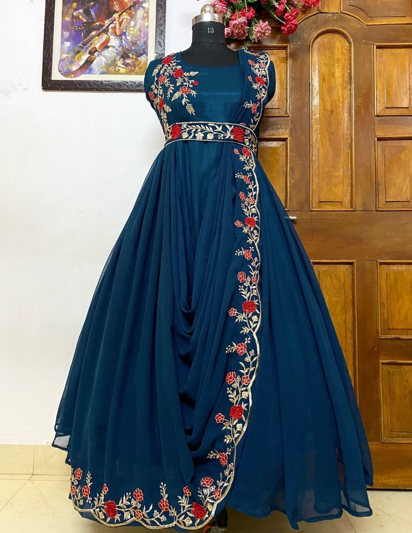 Dark rama georgette embroidered indowestern umbrella flair gown