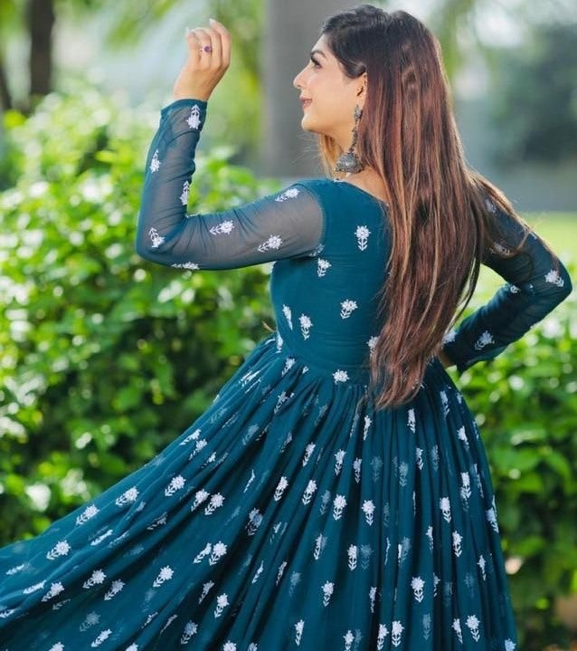 Dark rama georgette embroidered ruffle layered long gown