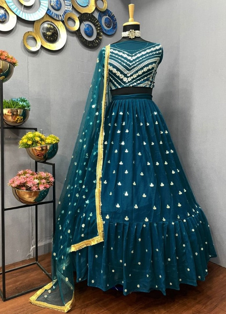 Dark rama georgette thread sequence embroidery work partywear lehenga choli