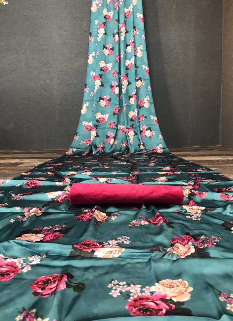 Dark rama japan satin digital printed work party wear saree