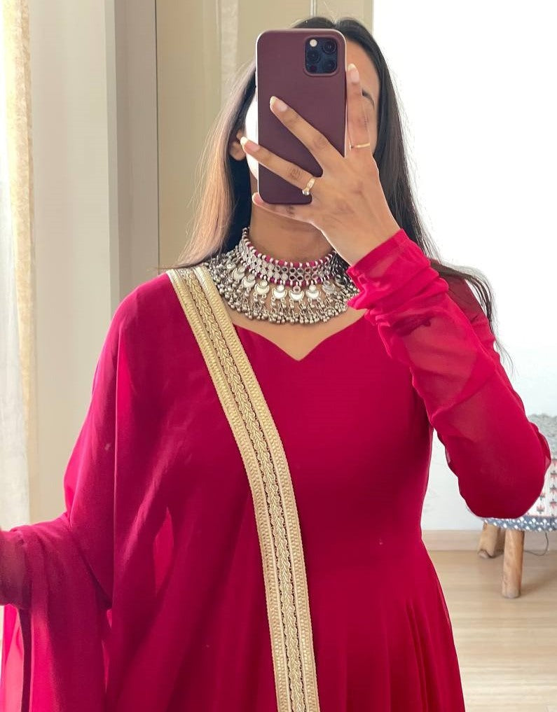 Dark rani pink georgette long party wear anarkali ethnic gown