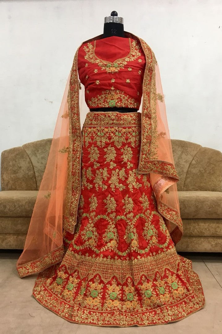 Dark red banglori silk heavy embroidered bridal lehenga