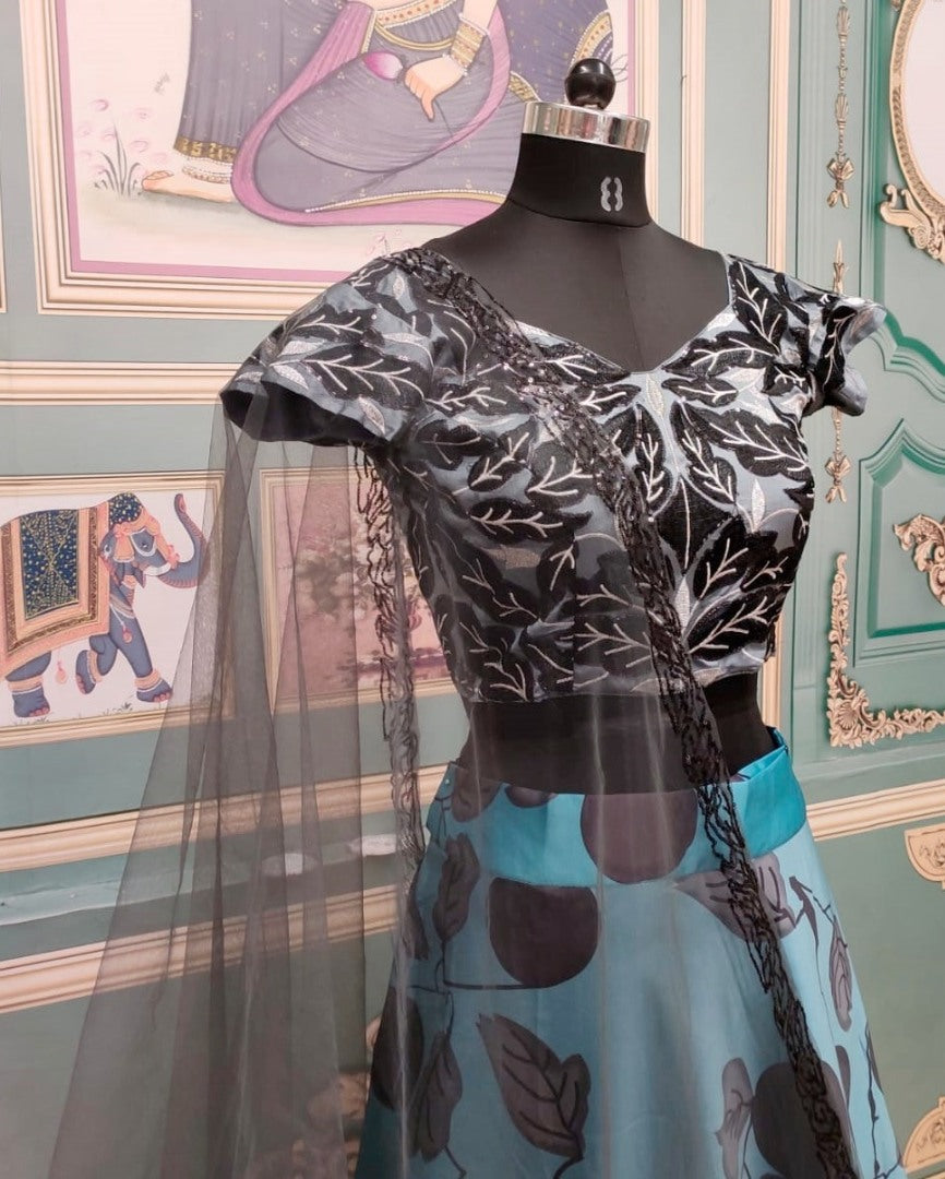 Dark sea green italian silk digital printed partywear lehenga choli