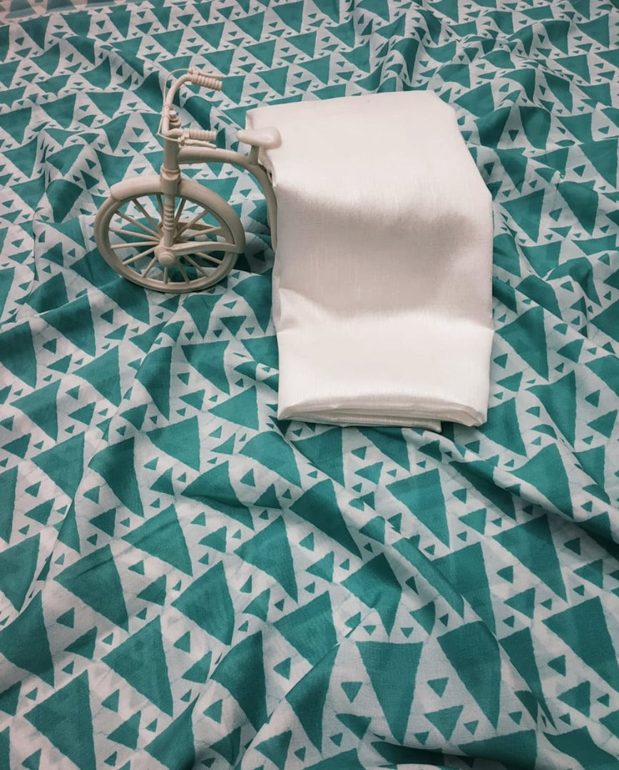 Dark sea green vichitra silk digital printed saree