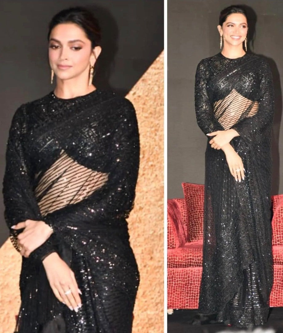 Deepika padukon black heavy sequence work party wear designer saree