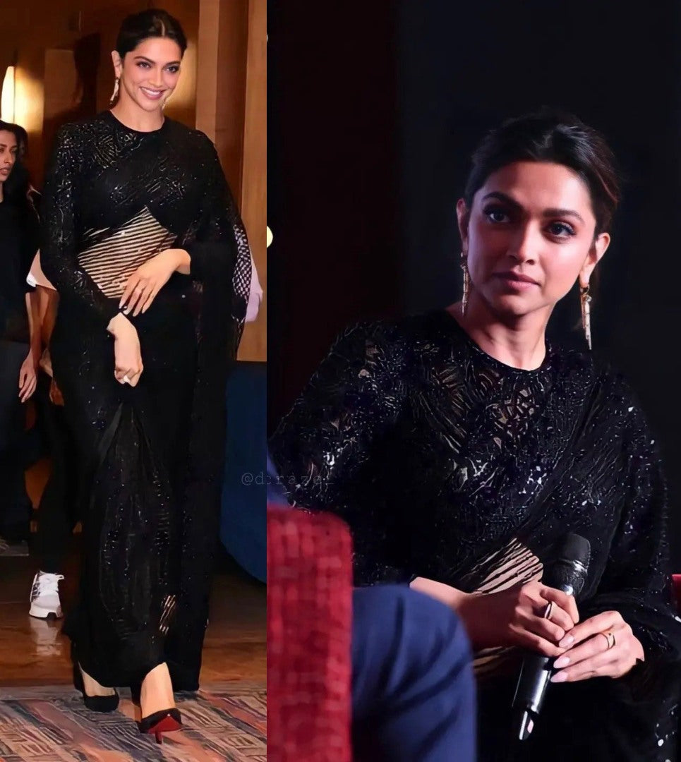 Deepika padukon black heavy sequence work party wear designer saree