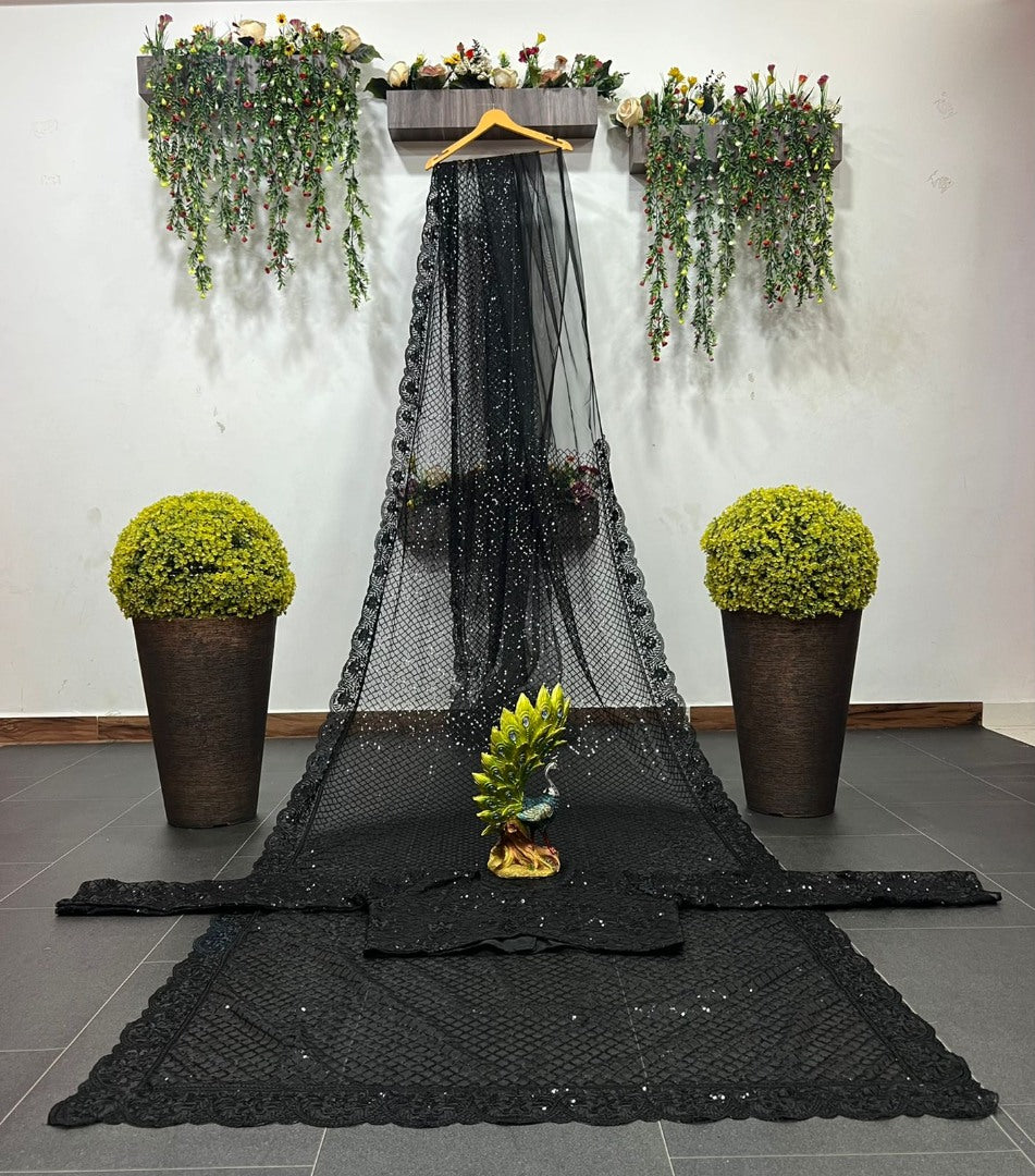 Deepika padukon black heavy sequence work party wear designer saree
