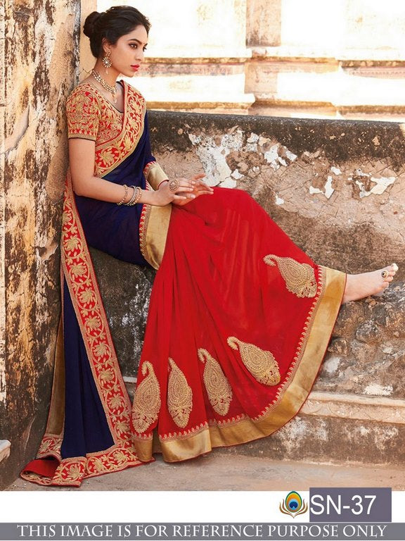 Designer embroidered blue and red wedding saree