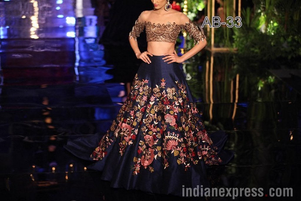 designer embroidered blue wedding lehnga