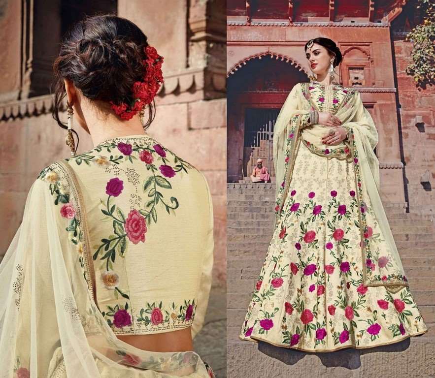 Designer embroidered light yellow art silk brial lehenga