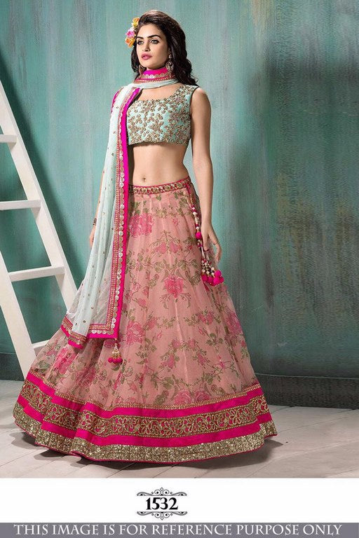 Designer embroidered pink printed wedding lehenga