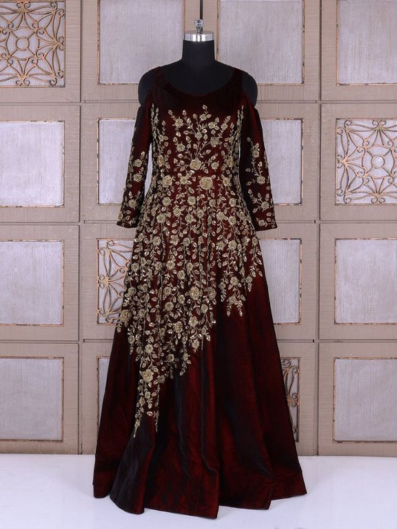 Designer exclusive heavy embroidered maroon bridal gown