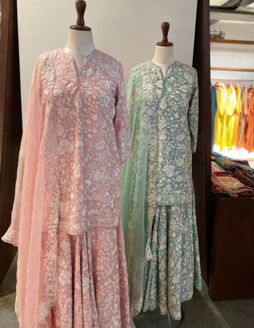 Designer heavy embroidered georgette sharara suit