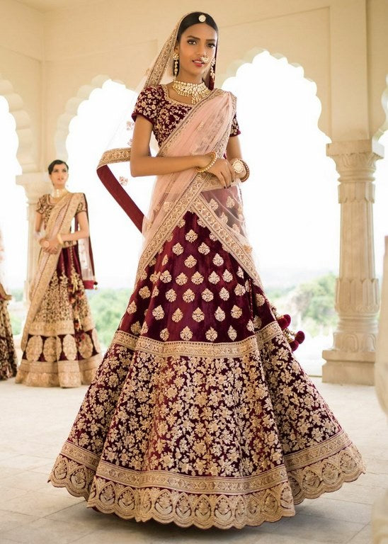 Designer heavy embroidered maroon bridal lehenga