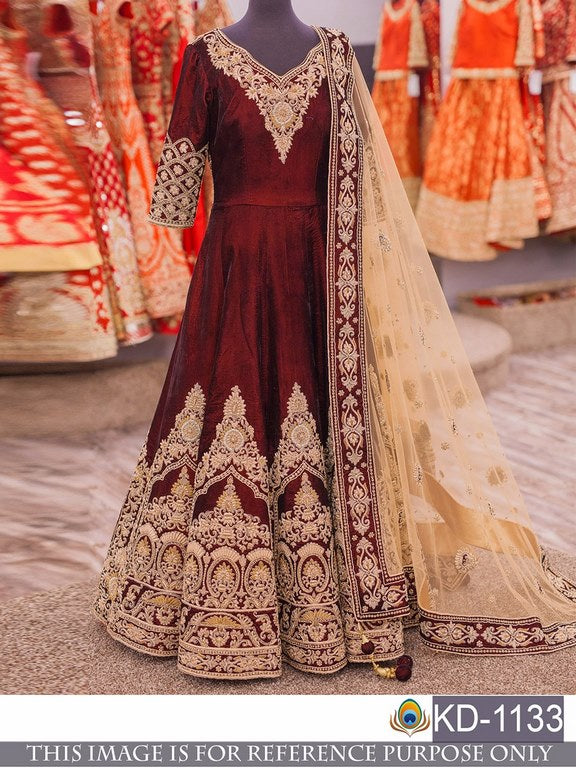 Designer heavy embroidered maroon gown with dupatta