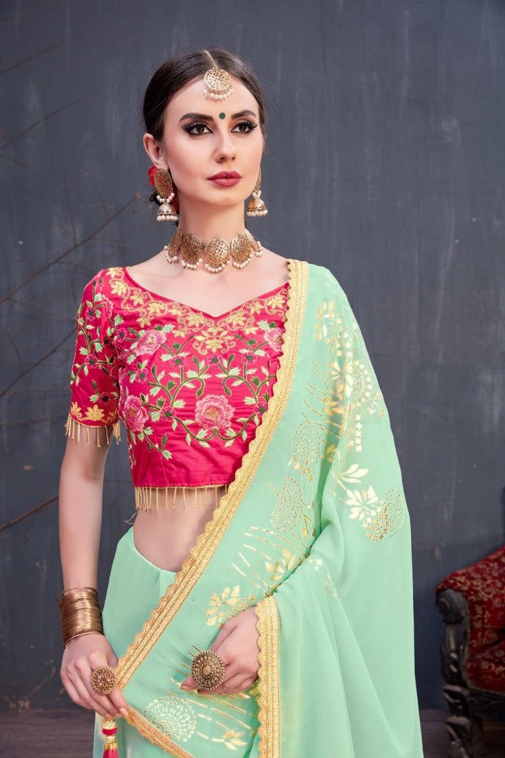 Designer mint green embroidered partywear saree