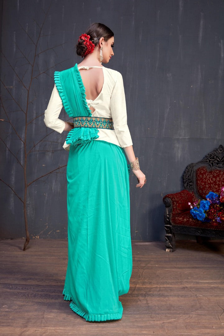 Designer Rama green plain stylist partywear saree