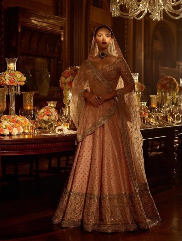 Designer rose peach heavy embroidered bridal lehenga