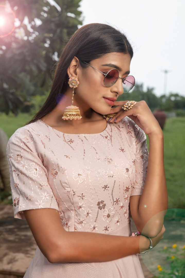 Dusty pink cotton embroidered party wear anarkali gown