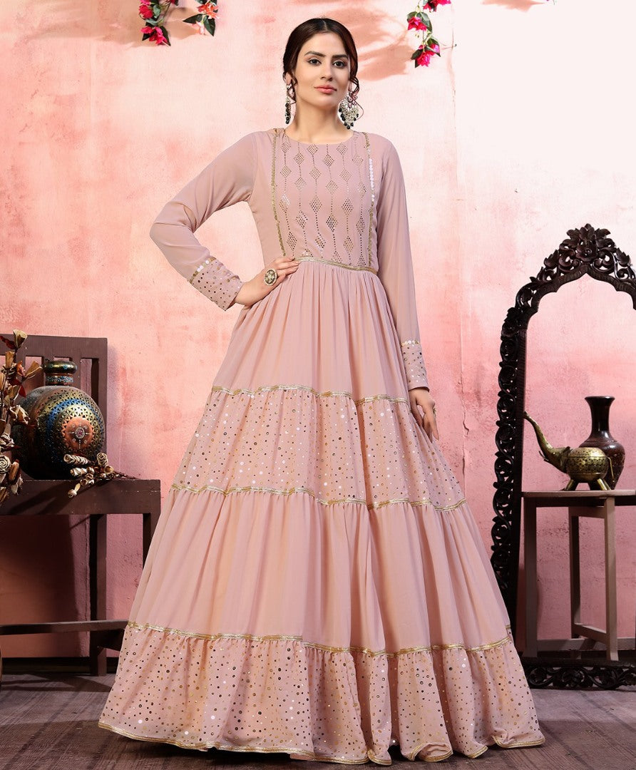 Dusty rose georgette golden sequence work party wear gown