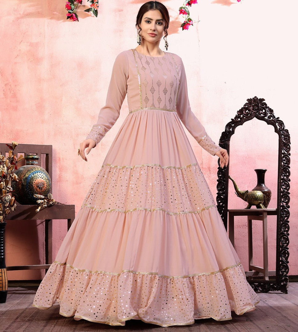 Dusty rose georgette golden sequence work party wear gown
