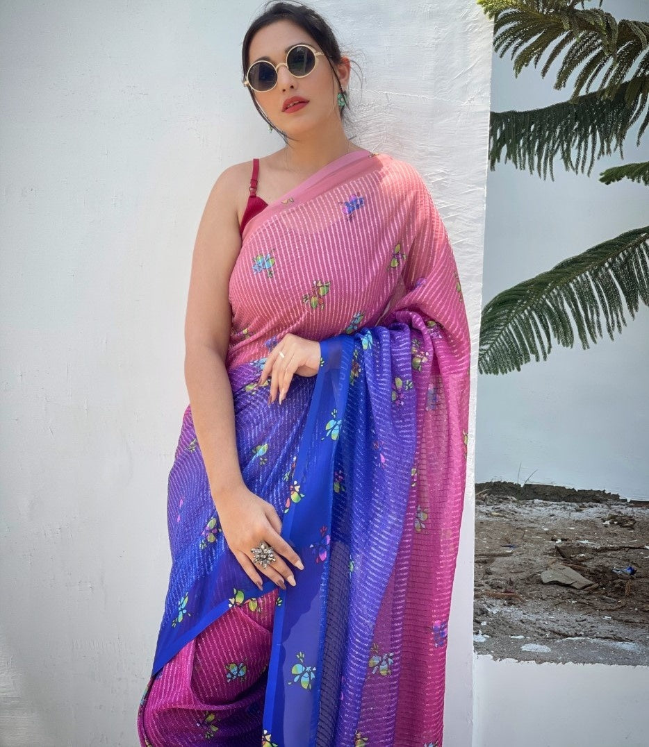 Dusty rose georgette sequence digital printed work party wear saree