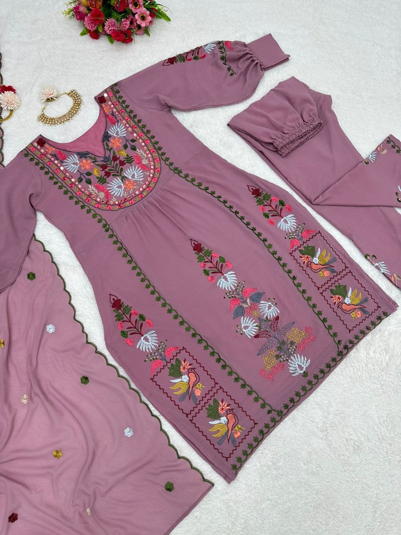 Dusty rose georgettte multi thread embroidery work designer palazzo suit
