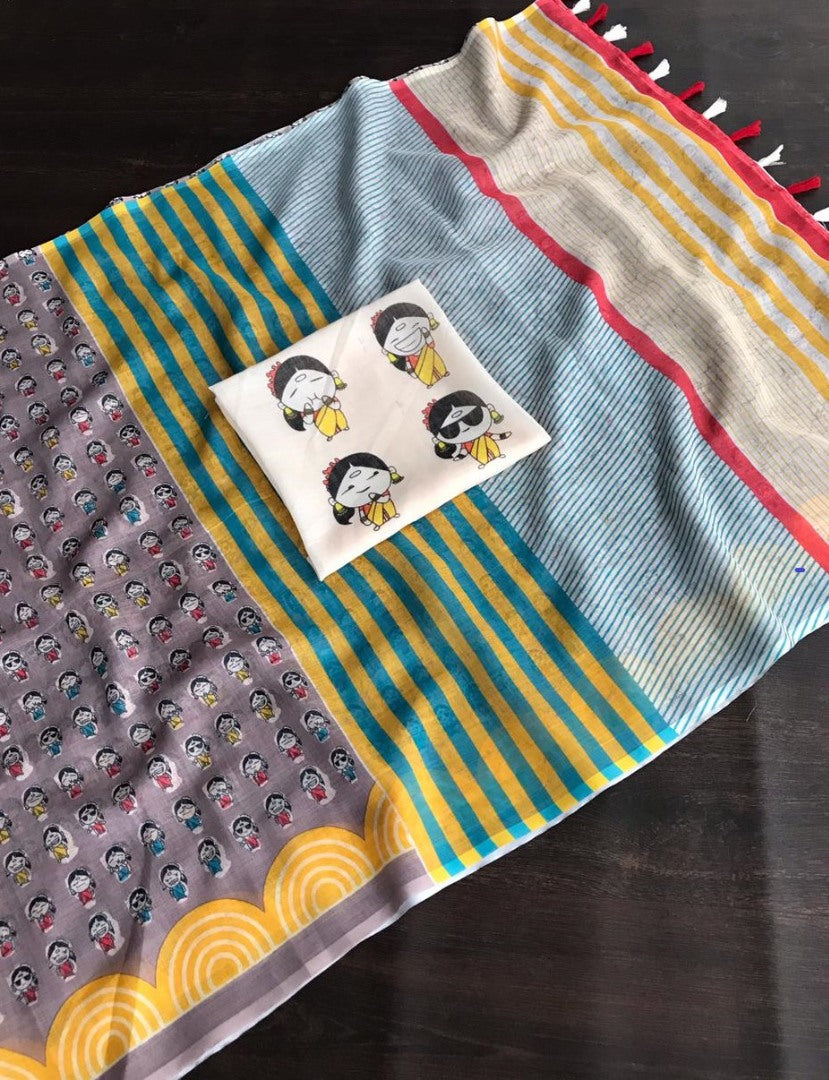 Dusty rose linen digital print cotton tussles work saree