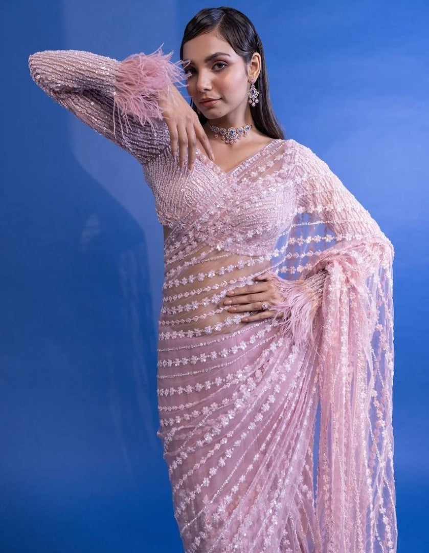 Dusty rose net heavy sequence thread work designer wedding saree