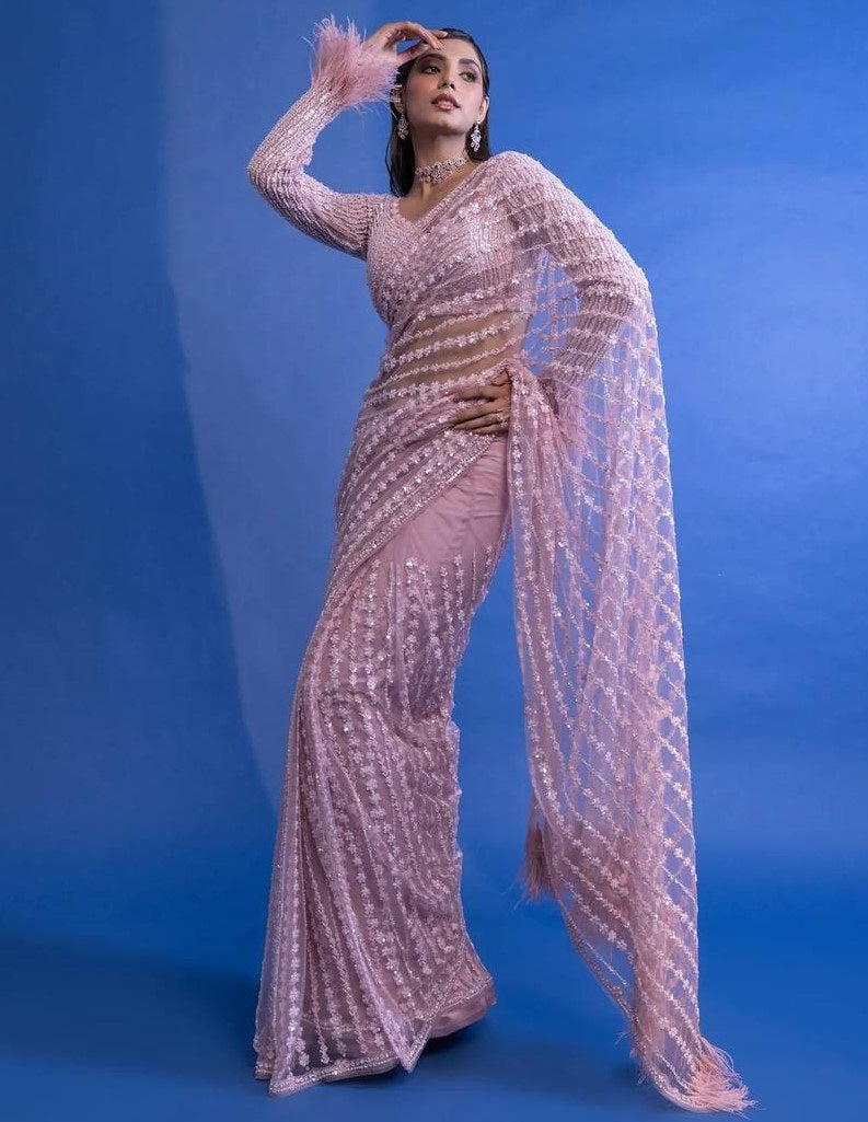 Dusty rose net heavy sequence thread work designer wedding saree