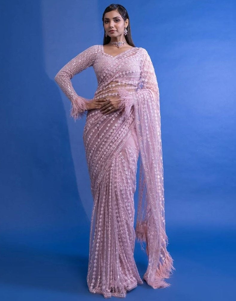 Dusty rose net heavy sequence thread work designer wedding saree
