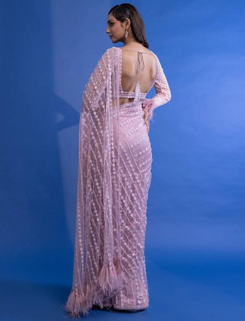 Dusty rose net heavy sequence thread work designer wedding saree