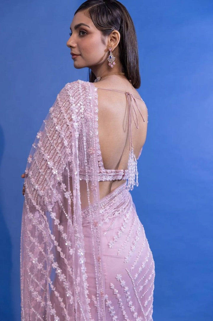Dusty rose net heavy sequence thread work designer wedding saree
