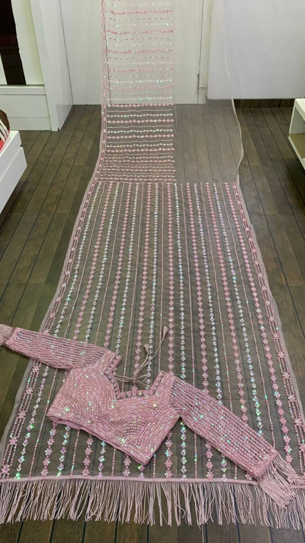 Dusty rose net heavy sequence thread work designer wedding saree