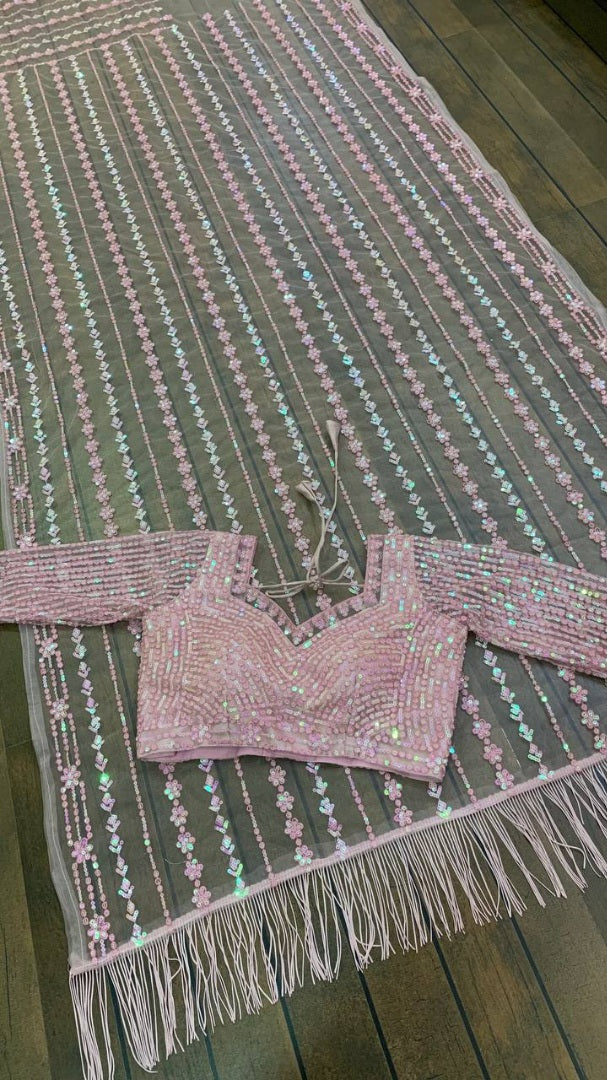 Dusty rose net heavy sequence thread work designer wedding saree