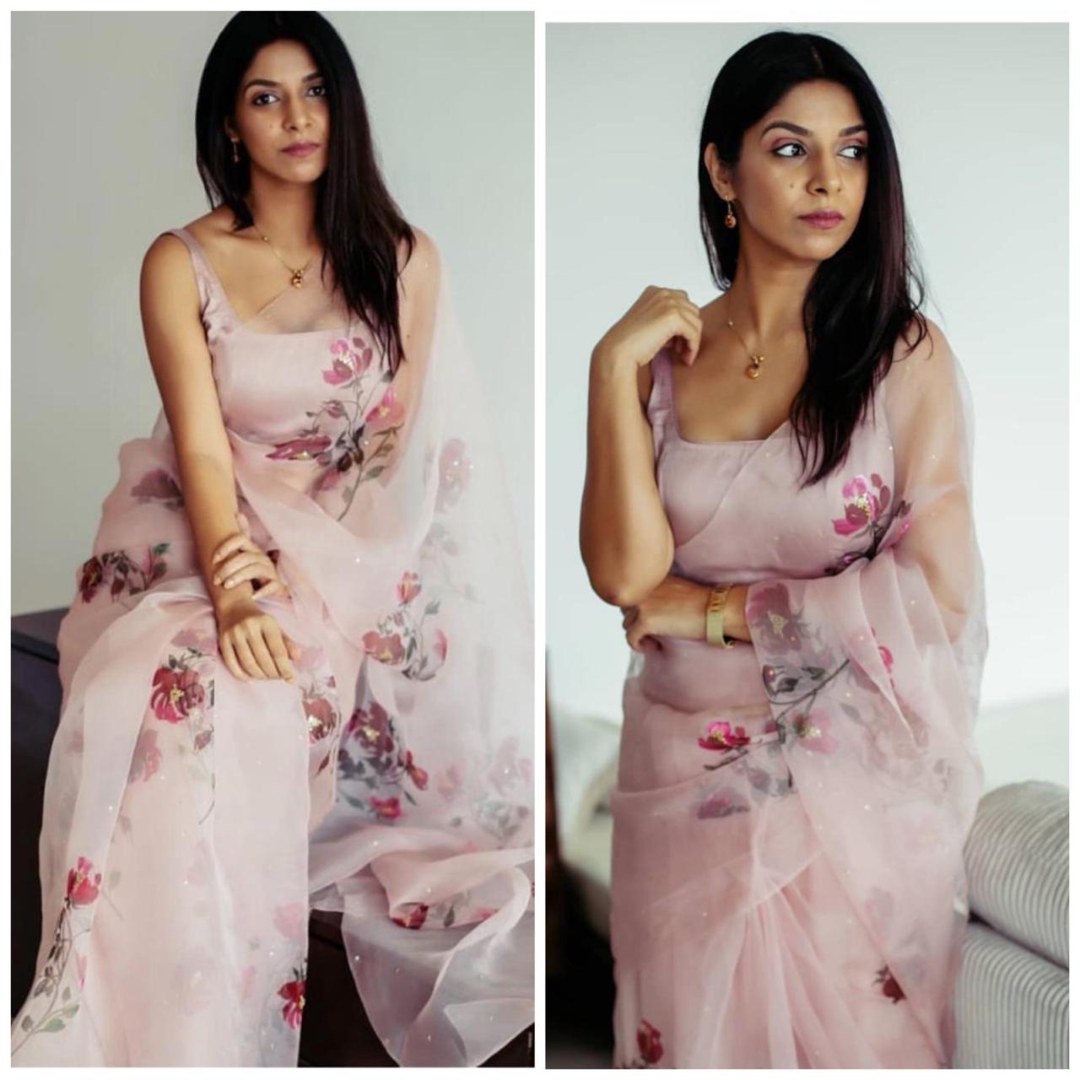 Dusty rose pink organza silk floral printed saree