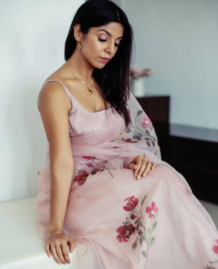 Dusty rose pink organza silk floral printed saree