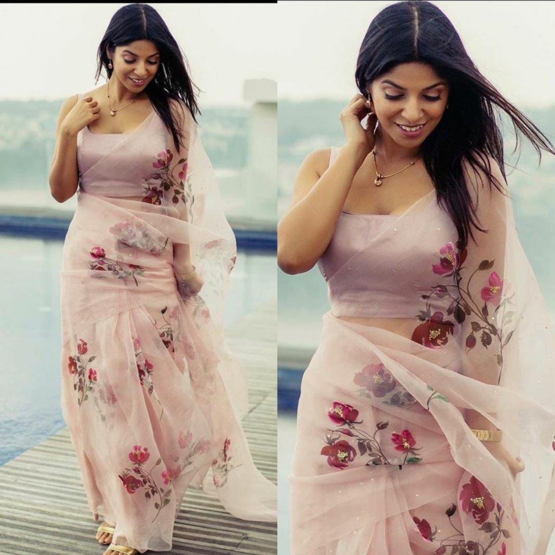 Dusty rose pink organza silk floral printed saree