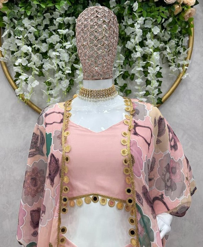 Dusty rose silk indowestern dhoti suit with printed shrug