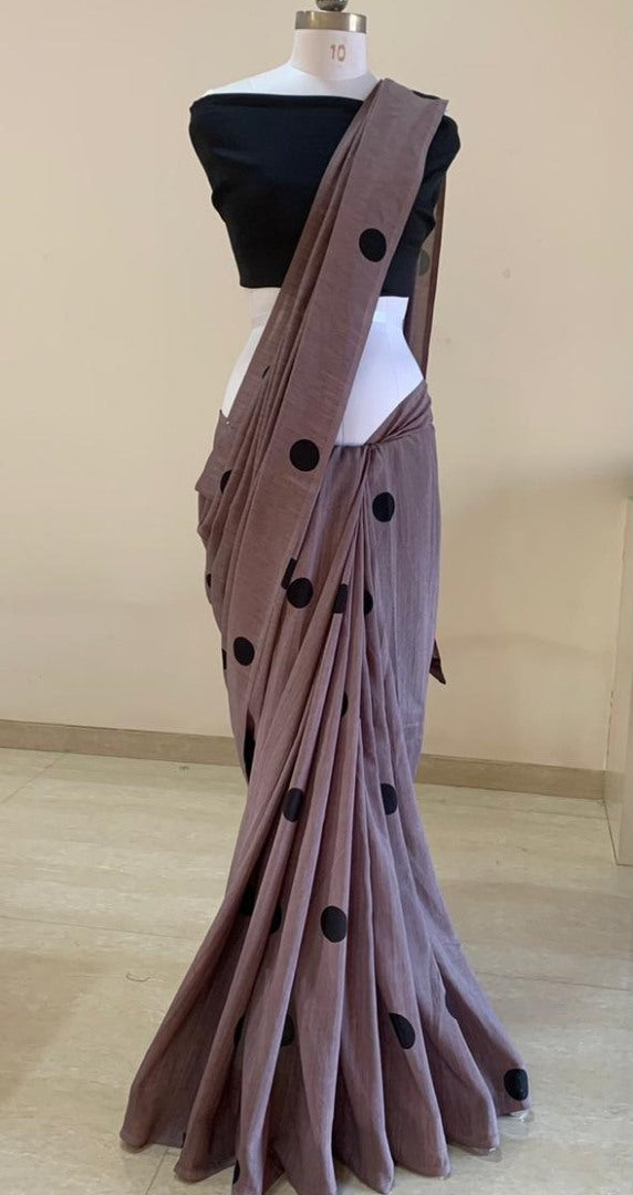 Dusty rose vichitra silk dots printed saree