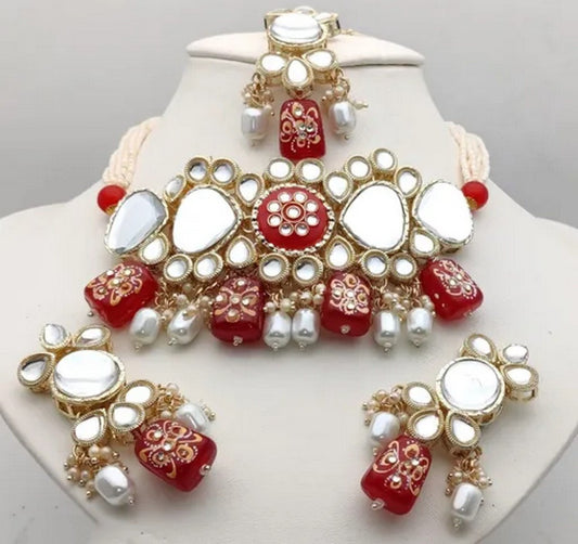fancy necklace red & white colour Jewellery Set