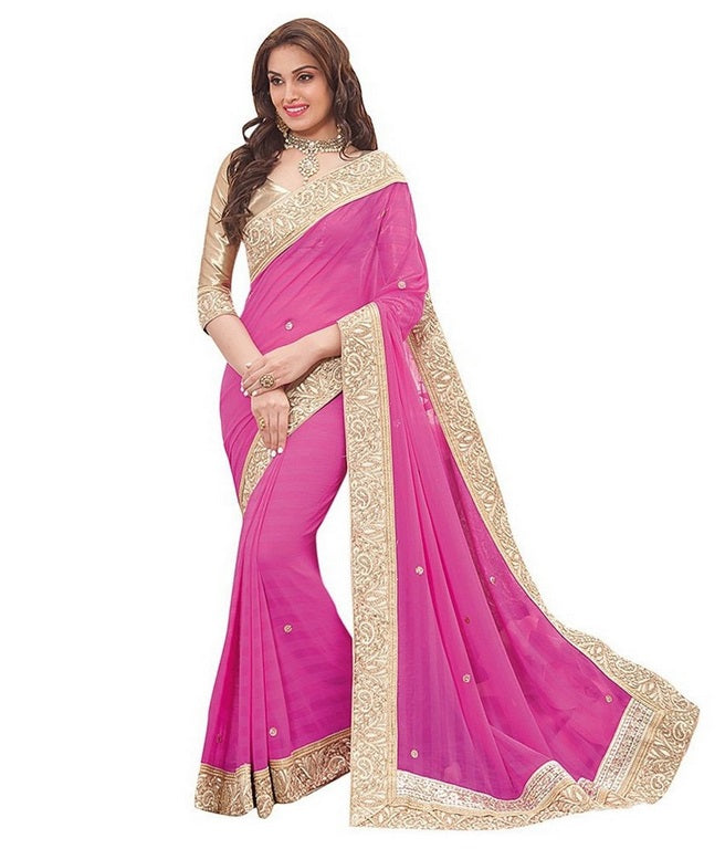 female fashion lace border pink saree
