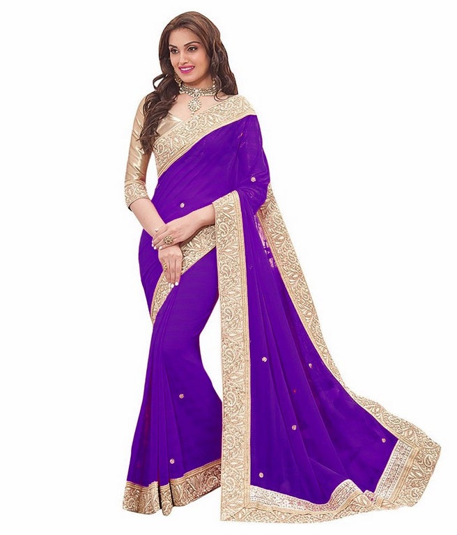 female fashion lace border purple saree